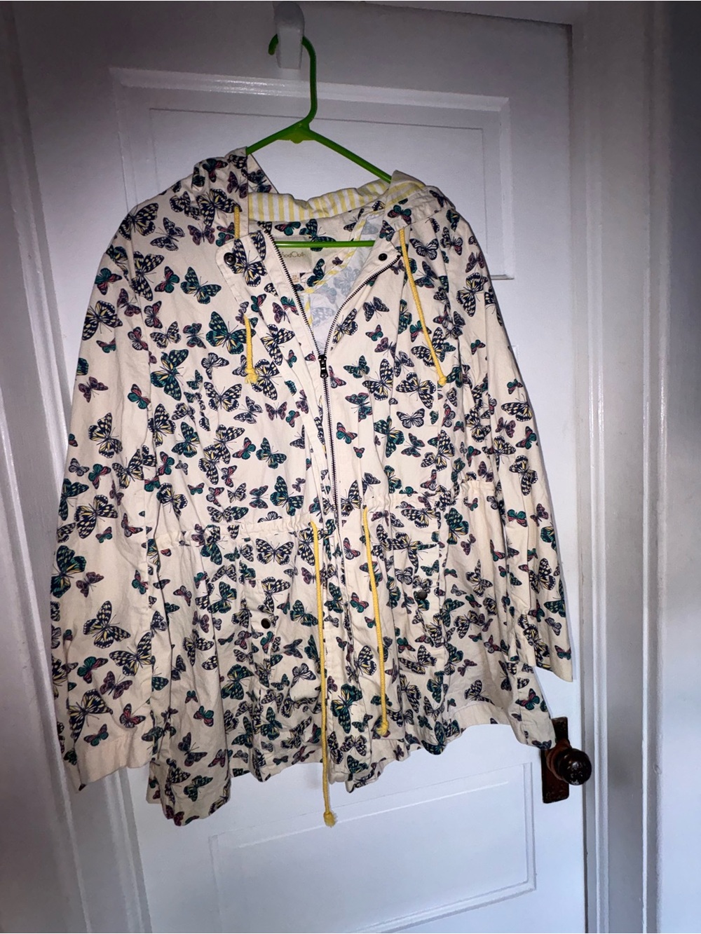 Women’s 2X Cream Butterfly Print Hooded Jacket with Yellow Drawstrings